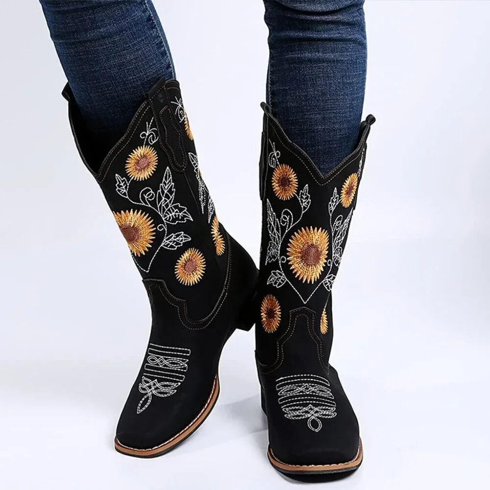 Women Black Mid-Calf Cowgirl Western Boots Embroidered Sunflower Low Heel